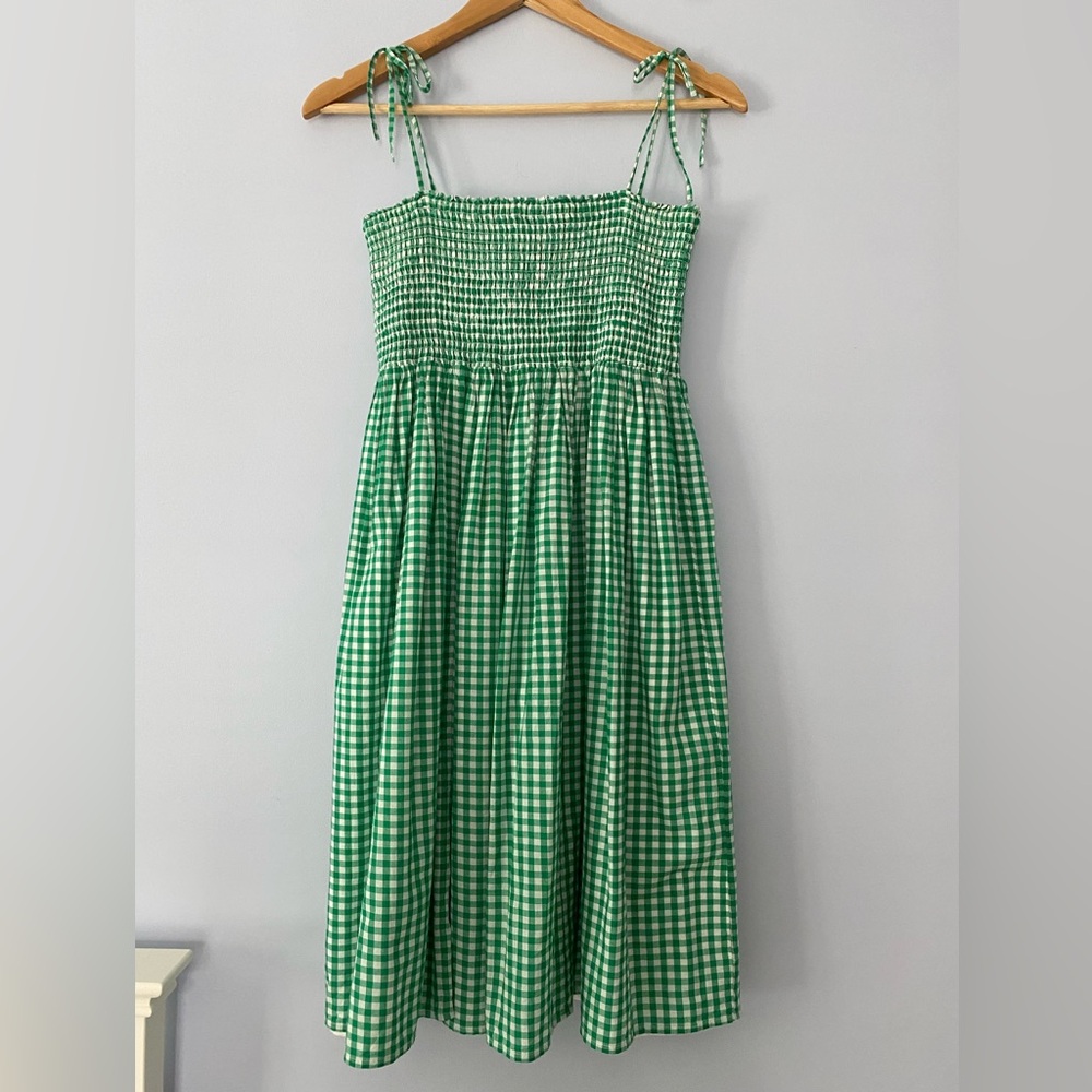 Crewcuts Girls Green Gingham Ruched Tie-strap Dress Size 12